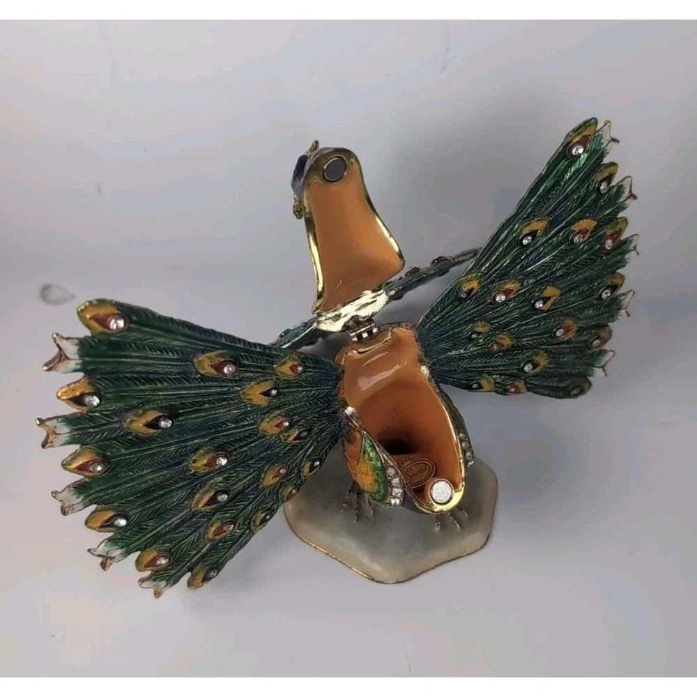 Sorelle Peacock Trinket Box Gold tone Hinged Storage Colorful Bejeweled